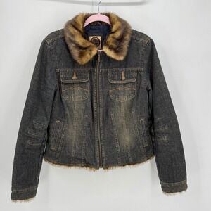 Giacca Women's Denim Vintage Y2K Jacket Faux Fur Trim Penny Lane Hippy Boho Sz L